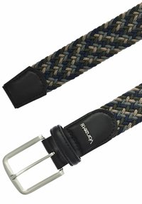 Gepächter Gurt aus gewebtem Stoff in den Farben Blau, Grün und Beige, mit schwarzen Lederspitzen und einer silbernen Metallschnalle. Markenlogo auf dem Leder geprägt.