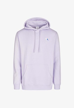 Lavender hoodie made of soft fabric with a front pocket. Features a blue and white embroidered bird on the left chest. Adjustable drawstrings.