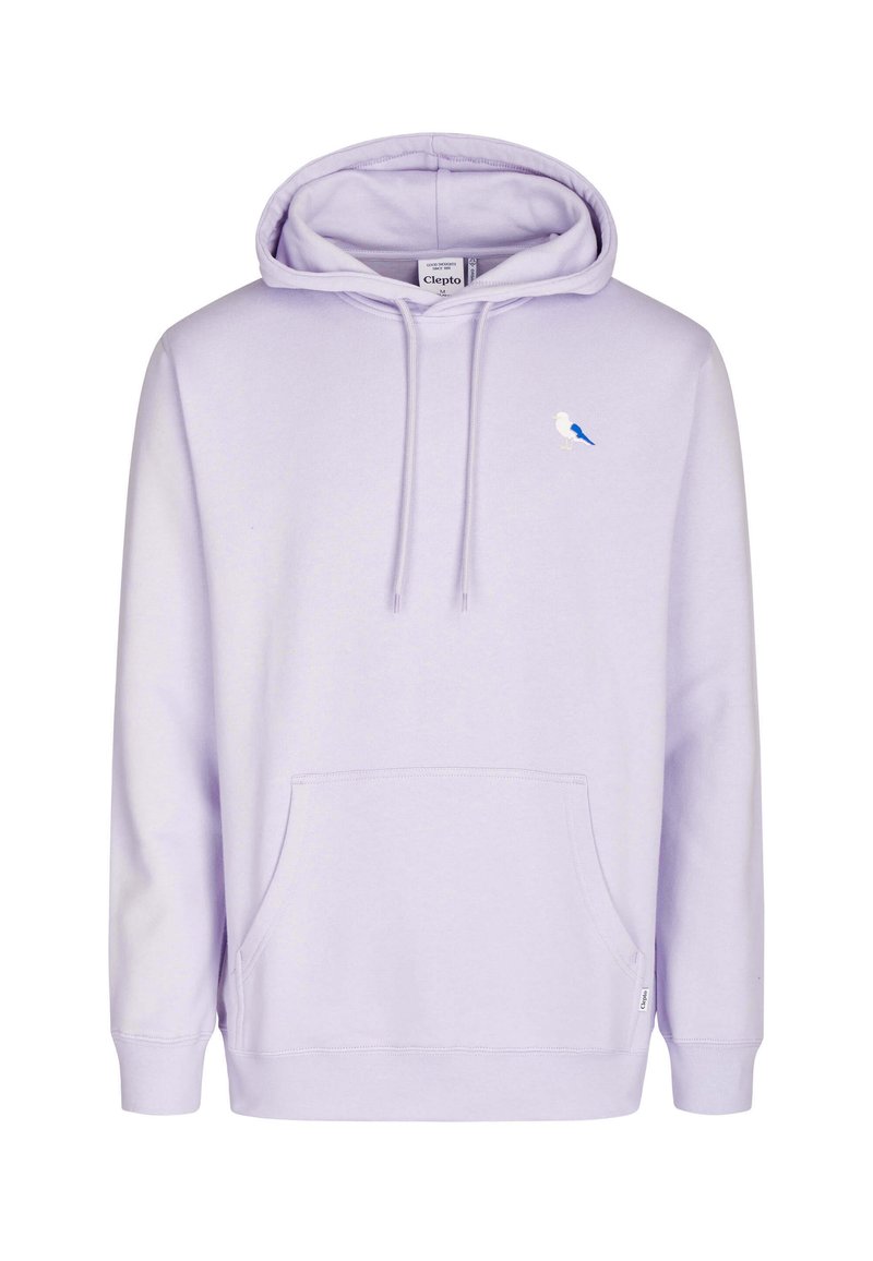 Lavender hoodie made of soft fabric with a front pocket. Features a blue and white embroidered bird on the left chest. Adjustable drawstrings.