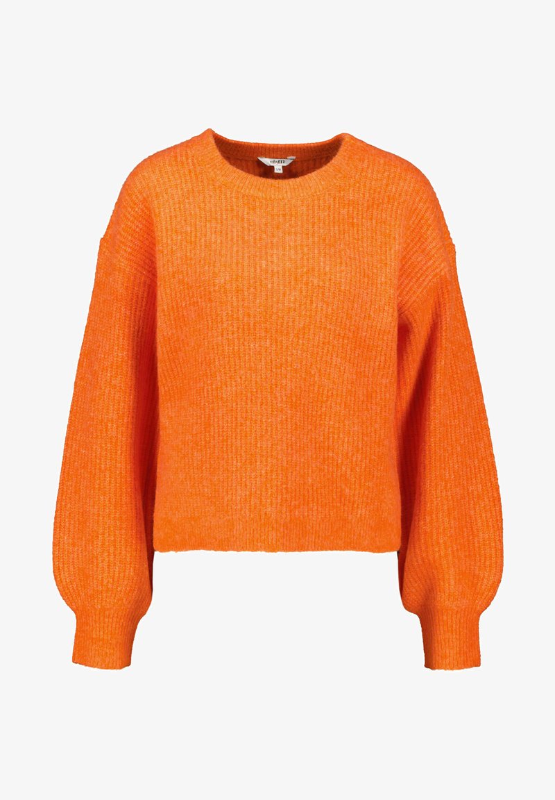 Helle orange Strickjacke mit gerippter Textur, rundem Ausschnitt und weit, leicht aufgeplusterten Ärmeln. Kurz geschnittene Saumlinie.