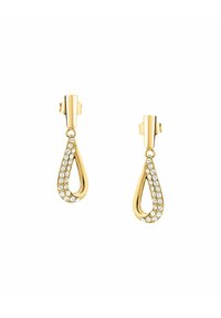 Orecchini a goccia in oro con forma a teardrop, caratterizzati da una fila di piccole pietre trasparenti lungo un lato e una finitura lucida.
