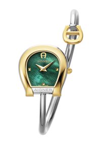 Orologio a bracciale in oro e argento con quadrante verde texturizzato, accenti dorati, indicatori delle ore minimalisti e logo Aigner.