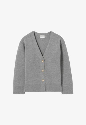 Cardigan grigio in tessuto morbido, caratterizzato da una profonda scollatura a V, polsini e orlo a coste, con cinque bottoni dorati sul davanti.