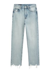 Hellblaue Denim-Jeans mit geradem Bein, ausgefransten Säumen und klassischem Fünf-Taschen-Design, versehen mit Gürtelschlaufen und einem Knopfverschluss.