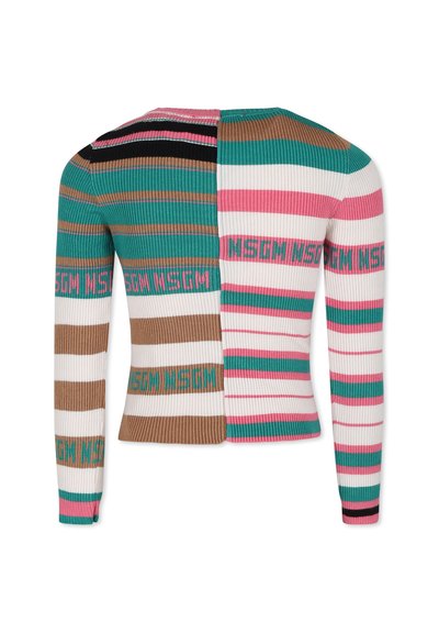 Maglione a coste con righe multicolori in teal, rosa, marrone e bianco. Presenta il marchio sulle maniche e un design aderente.