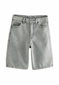 Shorts di denim grigio con taglio dritto, caratterizzati da cinque tasche, passanti per cintura e chiusura con un solo bottone. Il tessuto ha una texture leggermente usurata.