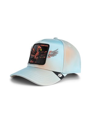 Gorra azul clara con un diseño estructurado. Presenta un parche negro con un gráfico de un águila en naranja y rojo y el texto "FOREVER". Cierre ajustable de plástico.