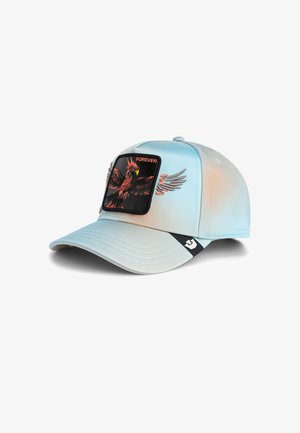 Gorra azul clara con un diseño estructurado. Presenta un parche negro con un gráfico de un águila en naranja y rojo y el texto "FOREVER". Cierre ajustable de plástico.