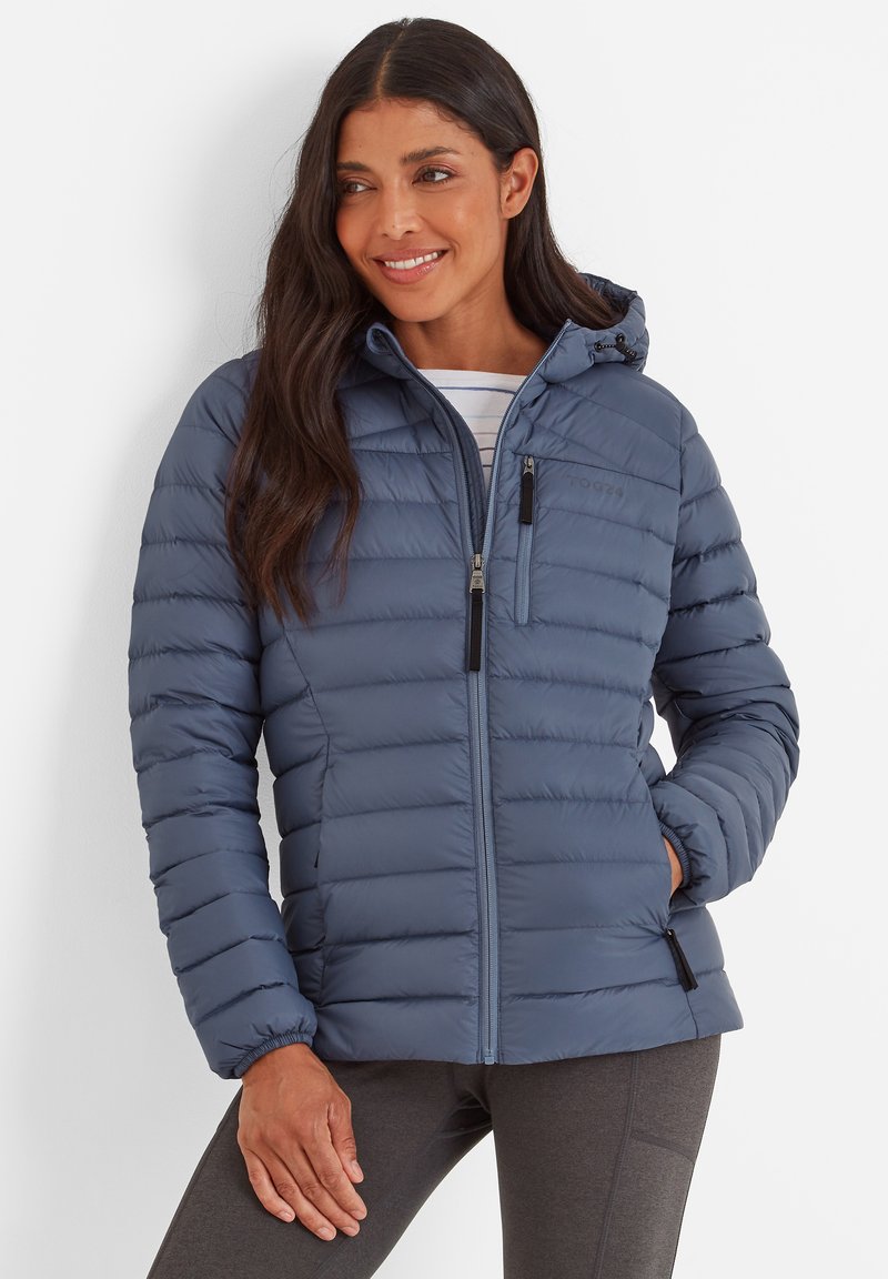 Blue puffer jacket with quilted design, hood, zippered front, and side pockets. Relaxed fit with elastic cuffs and a smooth texture.