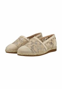 Beige slip-on espadriller med blomsterblonde-meshsider, ruskindstoehætte, fletede jutesåler og brune gummiydersåler.