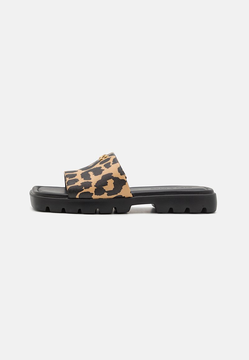 Leopard print slide sandals with a black rubber sole, featuring a smooth, shiny upper and a wide strap for easy wear.