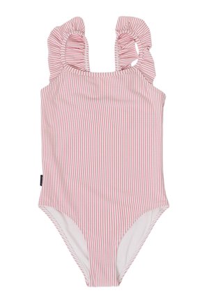 Mädchen pink-weiß gestreifter Einteiler mit Rüschen an den Schulterträgern.