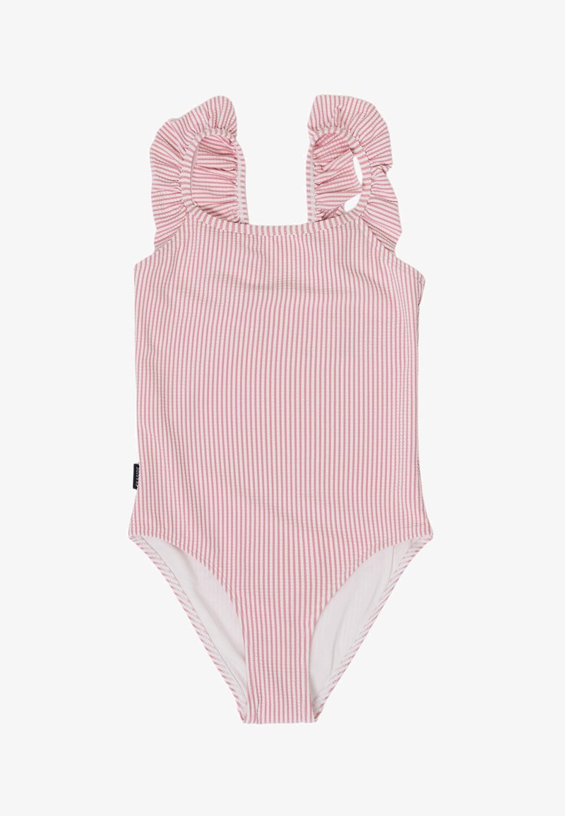 Maillot de bain une pièce rayé verticalement rose et blanc pour fille avec bretelles à volants.