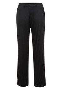 Pantalons de sport noirs en matériau léger et lisse. Présente un design simple avec des fentes sur les côtés à l'ourlet pour une meilleure ventilation.