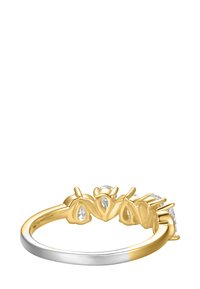 Gold and silver ring with floral design, set with clear gemstones. Smooth texture, polished finish, and contrasting metal colors.