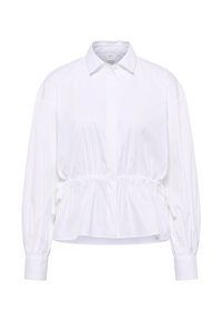 Blusa bianca con colletto, vita arricciata e maniche lunghe a sbuffo. Realizzata in un tessuto leggero e liscio.