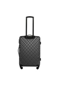 Black luggage with a diamond pattern, textured exterior, dual wheels, and a retractable handle for easy transport.