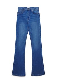 Niebieskie dżinsy w stylu dzwonów wykonane z denimu o średnim praniu. Cechy charakterystyczne to pięć kieszeni, zapięcie na guzik oraz detale zszycia na szwach.