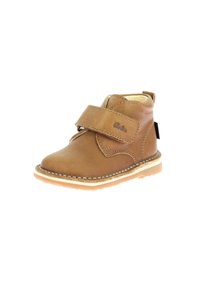 Bruine leren enkelboot met een klittenbandsluiting, ronde neus, lichte gestikte accenten en een rubberen zool. Geschikt voor kinderen.