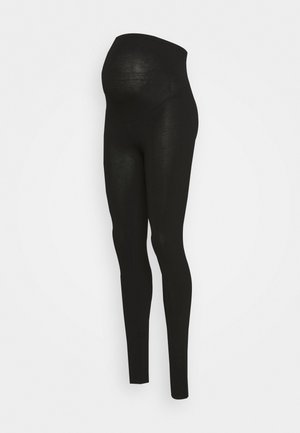 Leggings de maternidade pretos feitos de um material macio e elástico, com uma cintura alta que cobre a barriga e uma textura suave e elegante.