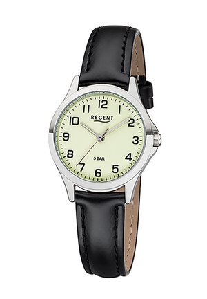 Montre ronde en métal argenté avec un cadran vert pâle, des chiffres arabes noirs et un bracelet en cuir noir, offrant une étanchéité de 5 bars.
