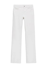 Jeans in denim bianco con taglio dritto, dotati di tasche frontali, chiusura con zip e un design pulito senza motivi o dettagli.