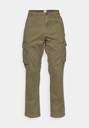 Olive green cargo pants made of cotton, featuring a straight-leg design, side pockets, and subtle seams. Texture is smooth, with durable fabric.