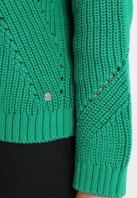 Groene gebreide trui met een gestructureerd patroon, geribde manchetten en een zilveren logo label, wat vakmanschap en aandacht voor detail benadrukt.