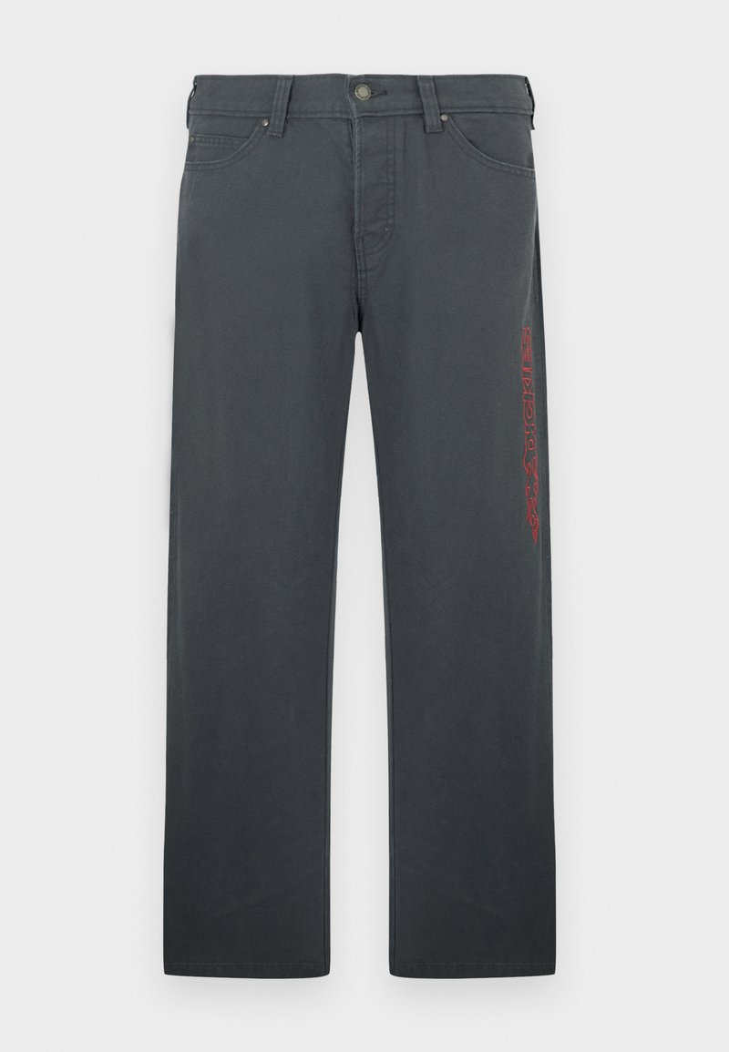 Gray pants made of cotton-blend material, featuring a straight cut, front pockets, and a red embroidered logo on the left side.