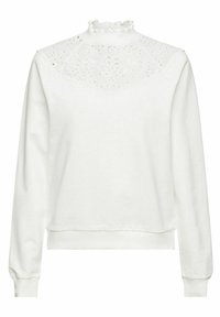 Sweatshirt à enfiler blanc avec manches longues, col montant à volants et détails décoratifs en dentelle sur le haut du dos et les épaules.