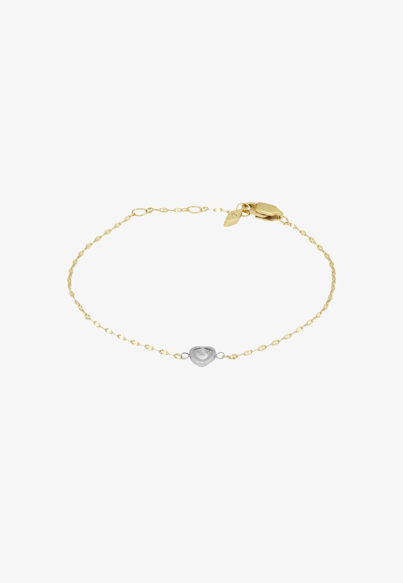 Zartes goldfarbenes Kettenarmband mit kleinem silbernem herzförmigem Anhänger, der einen klaren Edelstein in der Mitte und einen Karabinerverschluss besitzt.