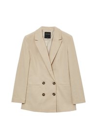 Beżowa marynarka dwurzędowa z tkaniny sztruksowej, z klapami z wycięciami, dwoma kieszeniami oraz ciemnymi guzikami jako zdobieniami.