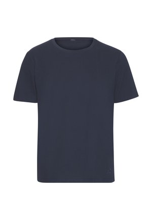 Marineblaues T-Shirt mit kurzen Ärmeln und Rundhalsausschnitt, mit einem kleinen, dezenten Logo nahe dem unteren Saum auf weißem Hintergrund.