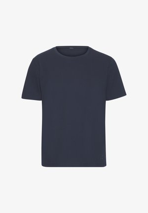 Marineblaues T-Shirt mit kurzen Ärmeln und Rundhalsausschnitt, mit einem kleinen, dezenten Logo nahe dem unteren Saum auf weißem Hintergrund.