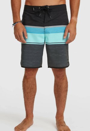 Black and aqua swim trunks feature a horizontal striped pattern with varying shades of blue and gray. Equipped with a drawstring waist.