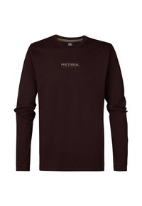 Ciemnobordowa koszula z długim rękawem, wykonana z bawełny, z okrągłym dekoltem. Na piersi znajduje się drukowane logo "PETROL" w beżowym kolorze.