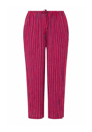 Pantaloni rossi a vestibilità ampia con righe verticali blu, bianche e rosa, vita elasticizzata e coulisse frontale.