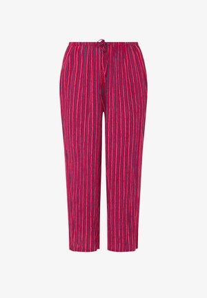 Rode losse broek met verticale blauwe, witte en roze strepen, elastische tailleband en een trekkoord aan de voorkant.