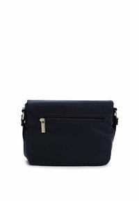 Granatowa torba na ramię z gładkiej tkaniny, wyposażona w górną klapę, przednią kieszeń na zamek oraz regulowany pasek dla wygody.