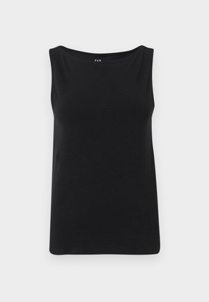 Top negru, fără mâneci, realizat dintr-un material moale. Dispune de un decolteu larg și un tiv drept. Design simplu, fără modele sau embellishments suplimentare.