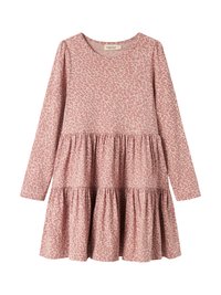 Langermet rosa kjole med leopardmønster og lagdelte volanger, ideell for uformell, leken bruk.