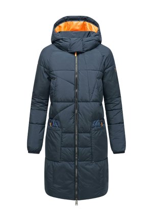 Námornícká pufovaná bunda s kapucňou, s oranžovým podšívkou, predným zipsom, dvoma bočnými vreckami a prešívaným dizajnom s geometrickými vzormi.