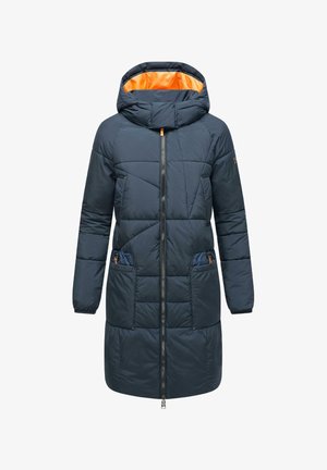 Tumes sinine puffer-jakk kapuutsiga, millel on oranž vooder, ees lukuga, kaks küljetaskut ja tikand, millel on geomeetrilised mustrid.