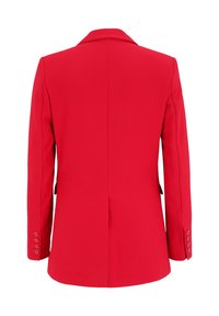 Red blazer with a structured silhouette, notched lapels, and long sleeves. Features a single back vent and buttoned cuffs. Smooth fabric texture.