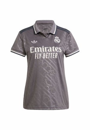 Grijze polo met een subtiel textuurpatroon, wit "Emirates" logo en Adidas-embleem; heeft een klassieke kraag en gestreepte accenten.