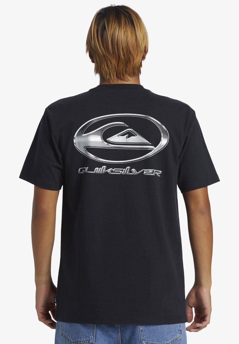 Black cotton t-shirt featuring a large silver logo on the back, short sleeves, and a relaxed fit. Simple design with no additional patterns.