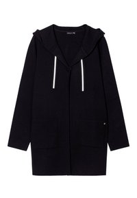 Cardigan nero con cappuccio, dotato di lacci bianchi, due tasche frontali e una texture morbida. Presenta una vestibilità comoda e un design minimalista.