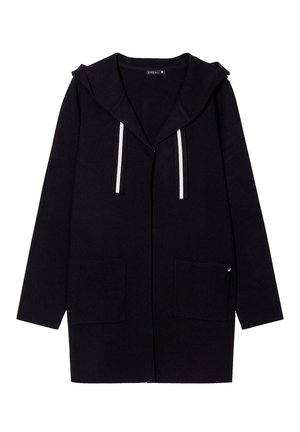 Schwarze Kapuzenjacke mit weißen Kordeln, zwei vorderen Taschen und einer weichen Textur. Verfügt über eine lockere Passform und ein minimalistisches Design.
