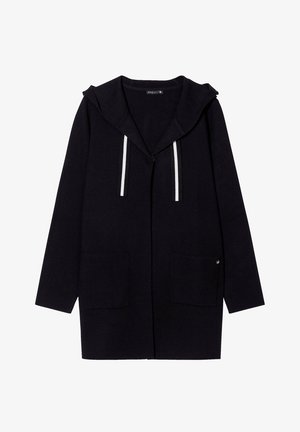 Schwarze Kapuzenjacke mit weißen Kordeln, zwei vorderen Taschen und einer weichen Textur. Verfügt über eine lockere Passform und ein minimalistisches Design.