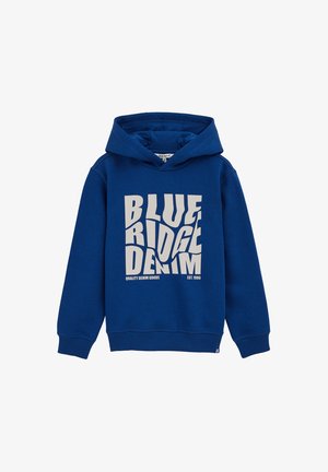 Zils kapuces džemperis, kas izgatavots no mīksta materiāla, ar lielu balto grafiku "BLUE RIDGE DENIM" izliekta dizainā. Ietver kapuci ar aukliņu.